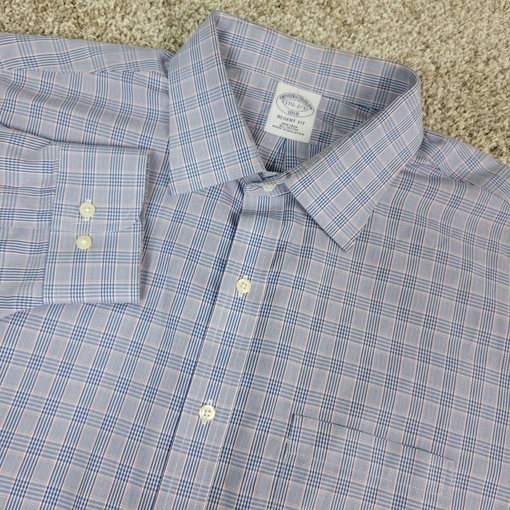 Brooks Brothers Regent Fit Mens 17.5-2/3 Blue Plaid Button Up Long Sleeve